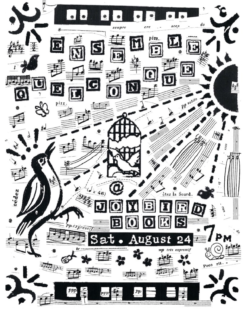 Promotional poster for Ensemble Quelconque featuring musical notes, a bird illustration, and details about a performance at Joybird Books on August 24.