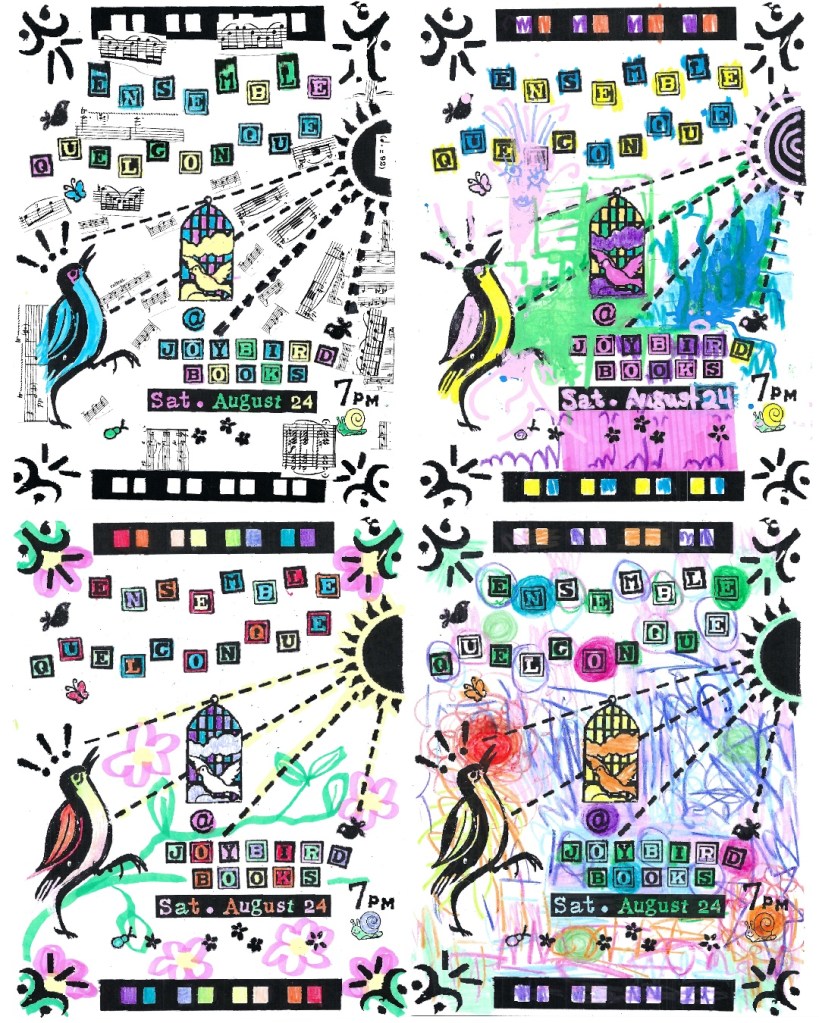 Colorful promotional poster for Ensemble Quelconque featuring illustrations of birds, flowers, and musical notes, with event details for a performance at Joybird Books on August 24 at 7 PM.