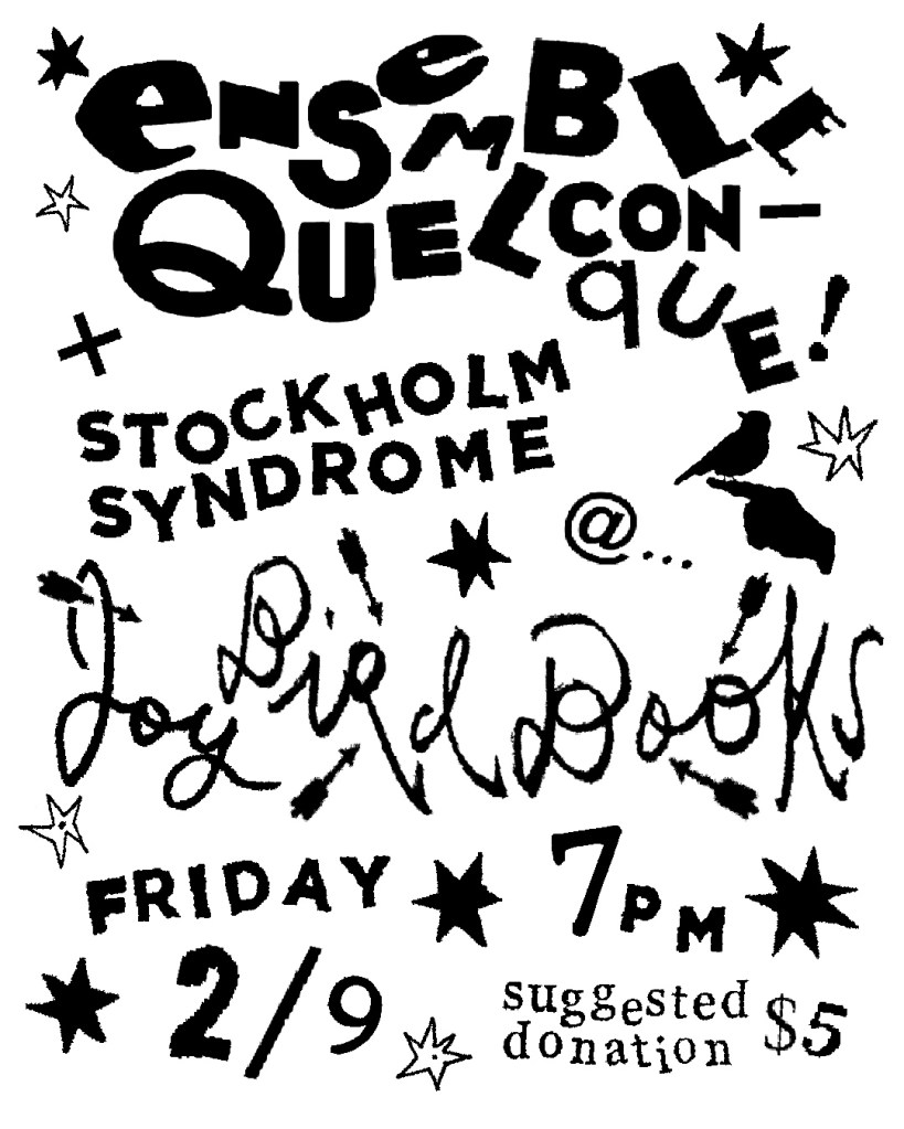 Poster for Ensemble Quelconque event featuring Stockholm Syndrome, with details including date, time, location at Joybird Books, and suggested donation.